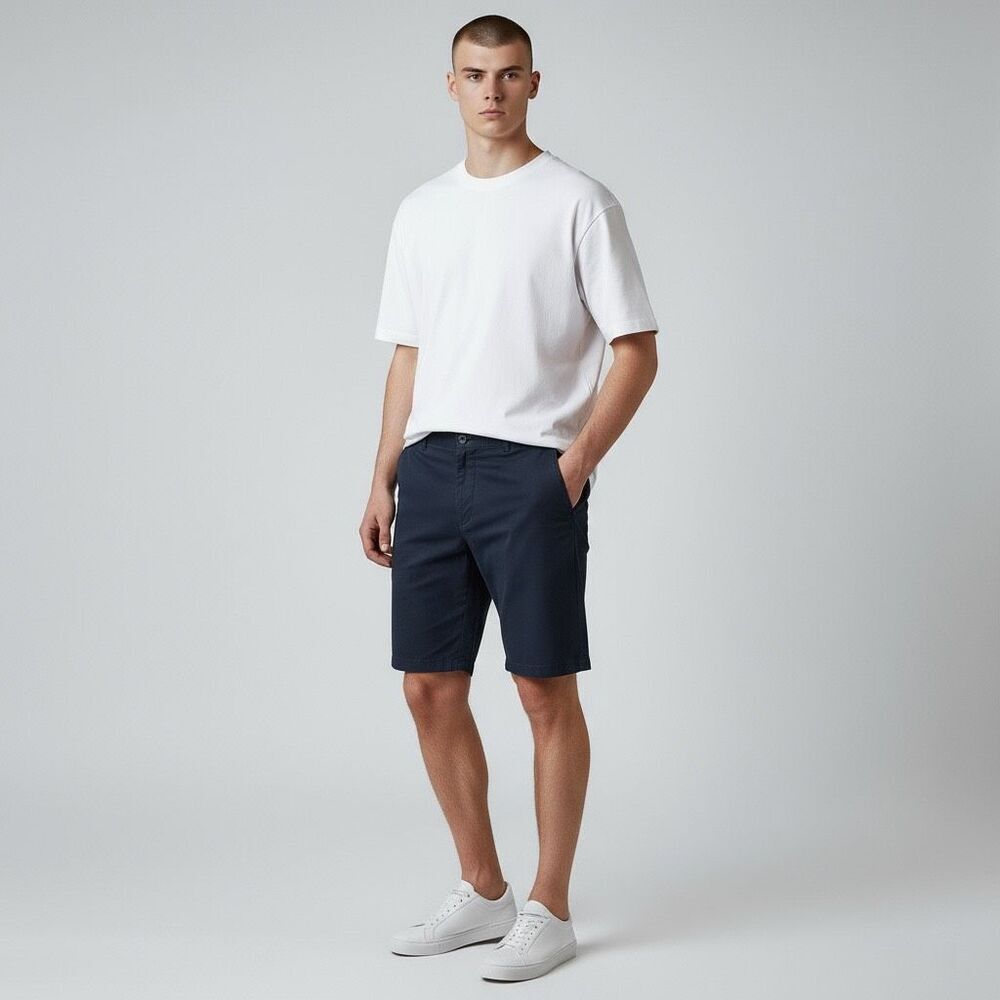 H&M Solid Navy Blue Flat Front Bermuda Shorts 100% Cotton with pockets waist 34
